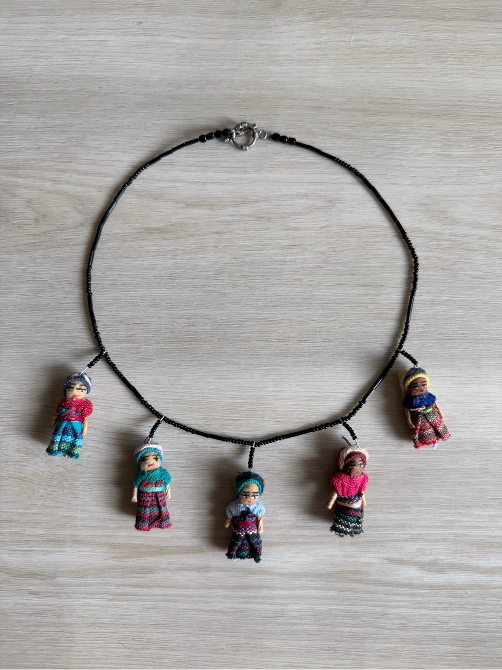 Vintage Handcrafted Guatemalan Necklace Colorful Seed Beads Textile Worry Dolls